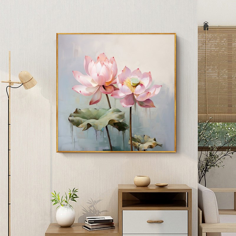 莲花装饰画夫妻房间m卧室床头挂画餐厅饭厅壁画并蒂莲荷花走廊过