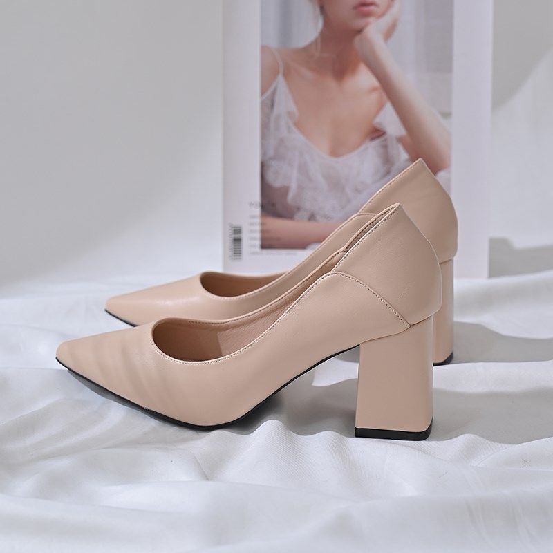 粗跟裸粉色高跟鞋i女2025新款夏天软皮微宽尖头高跟单鞋通勤瓢鞋4