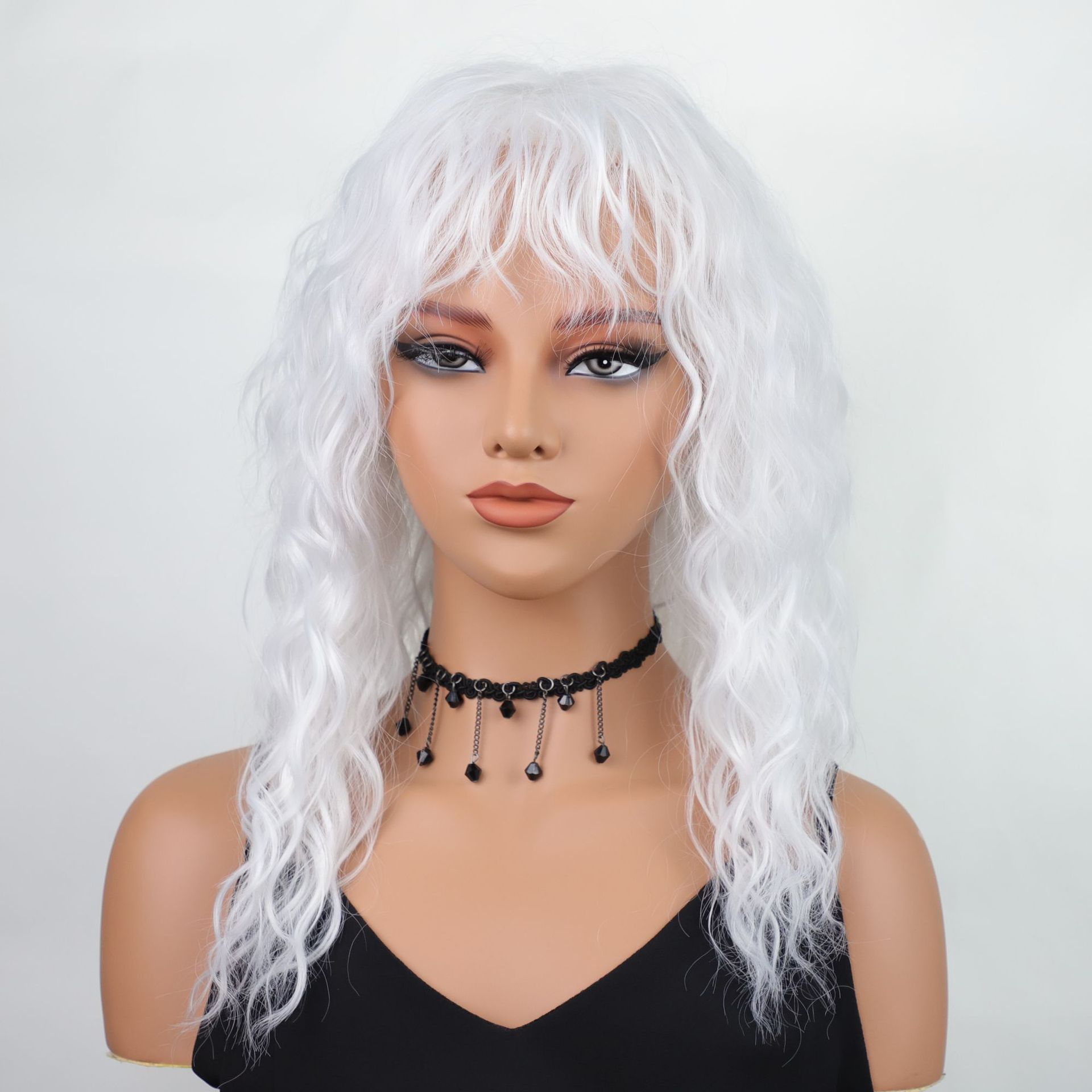 拉美卷欧美新款女时尚短卷发水波纹蓬松白色cosplay假发头套48cm