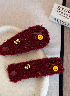 蝴蝶结~红色毛线椭圆发夹法式复古高级感侧边边夹新年氛围感发卡