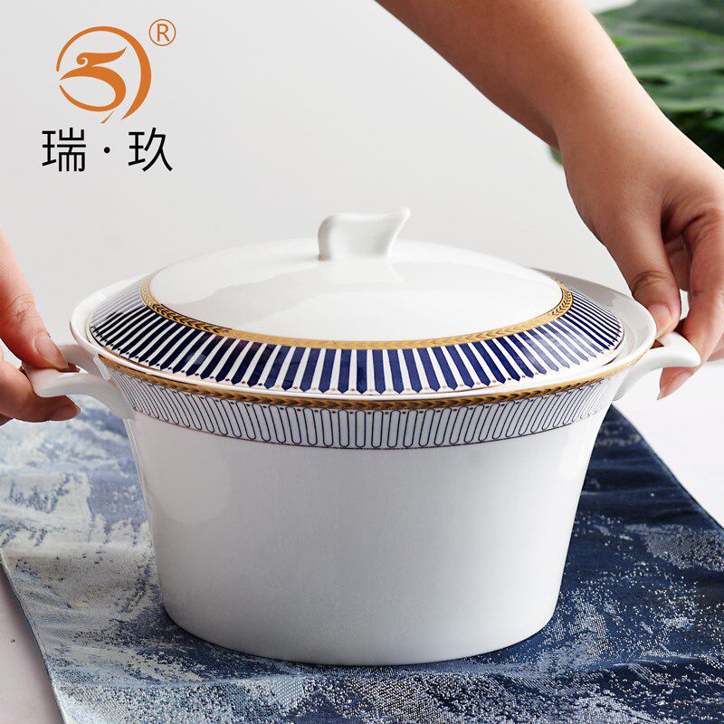 瓷盆欧式家用g骨瓷汤锅面碗大汤碗酸菜鱼陶瓷金边带盖防烫双耳汤