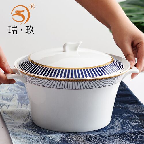 瓷盆欧式家用g骨瓷汤锅面碗大汤碗酸菜鱼陶瓷金边带盖防烫双耳汤