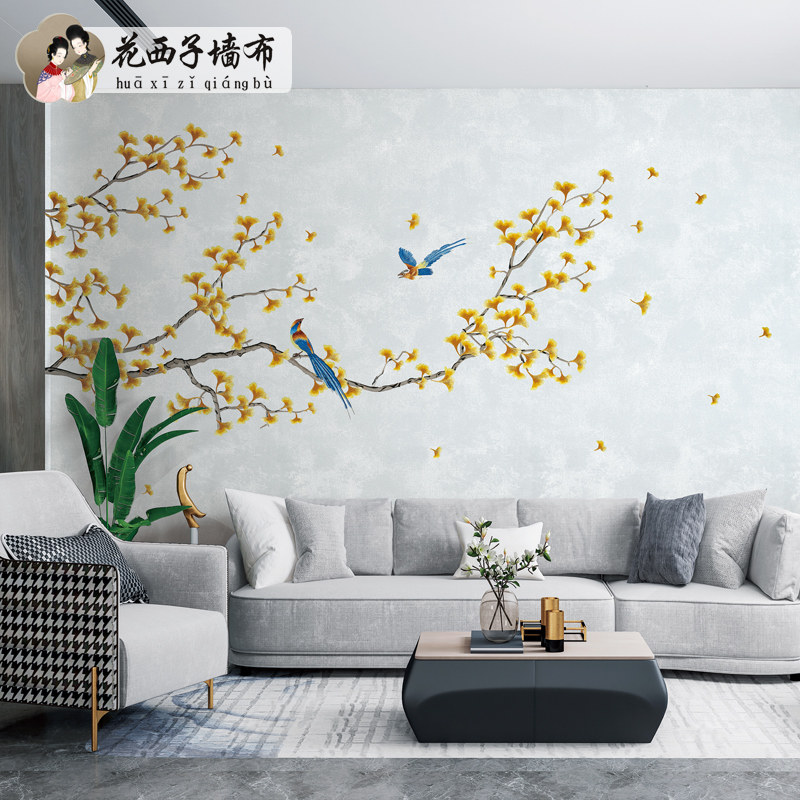 银杏叶田园花鸟中式o刺绣独秀卧室牀头客厅饭厅沙发电视背景壁布