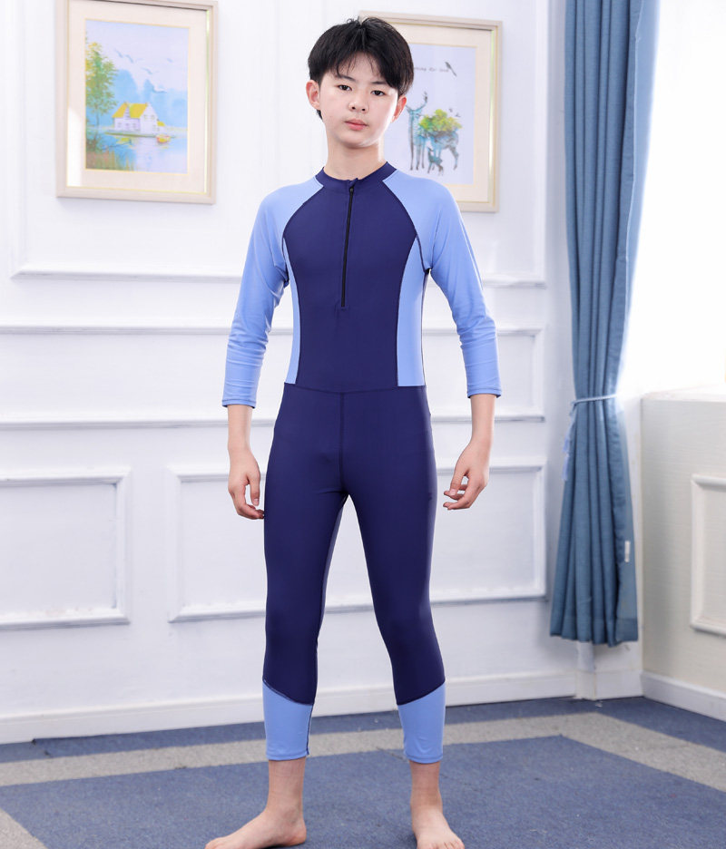 青少年泳衣男胖童新款连体平w角防晒宝宝泳裤学生游泳训练温泉泳