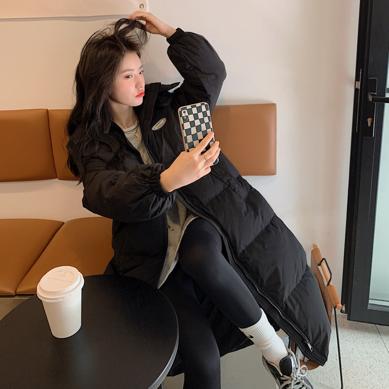 黑色棉服女中长款过膝2021x冬季新款韩版棉袄宽松连帽加厚羽绒棉