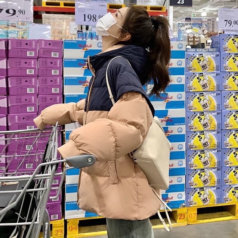 学院风棉衣羽绒棉服女短款2024新款宽松L小个子连帽面包工装棉袄