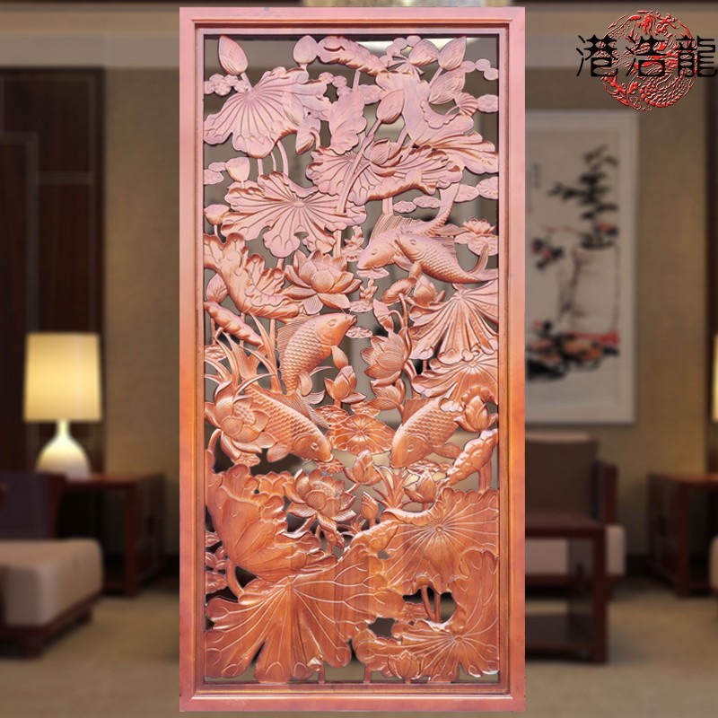 东阳木雕中式雕花隔断屏风实木客厅工艺品M挂件手工背景墙荷花鱼