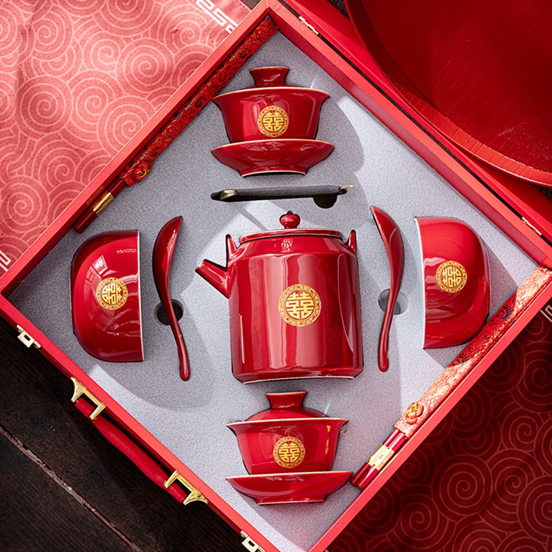 结婚礼物改口敬茶杯红色喜碗筷子茶D壶碗筷套装婚庆陪嫁子孙碗礼