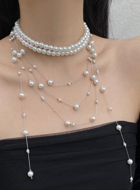 秋冬多层珍珠叠戴项链流苏满天星长款串珠锁骨毛衣链小众颈链配饰