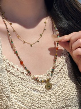 十里剑[红岩画卷]甜美清新的天然石头太阳吊坠串珠项链堆叠毛衣链