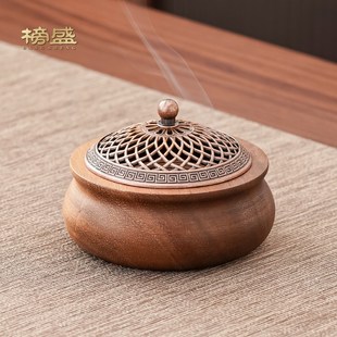 创意摆件 榜盛胡桃木实木香炉家用室内沉香茶道禅意香熏炉底座中式
