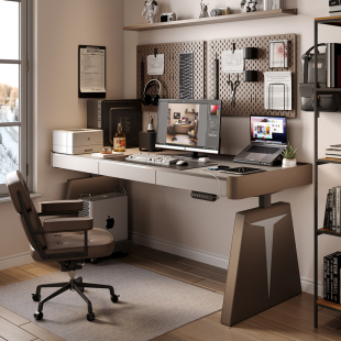 wzo智能书桌岩板极简设计师马鞍皮电动升降电脑桌 国内发货