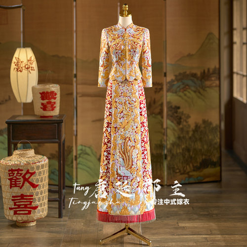 中式直筒秀禾服新娘结婚刺绣显瘦