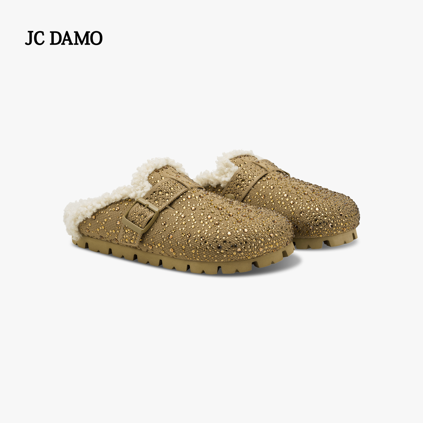 JC DAMO2025新款百搭水钻设计感时尚烫钻毛绒飞织勃肯拖鞋