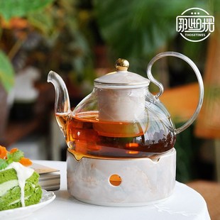 下午茶具轻奢精致大理石纹咖啡杯碟蜡烛加热花茶壶花茶杯套装 英式