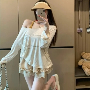 韩系字母印花防晒长袖 薄纱上衣潮 T恤女秋季 慵懒风宽松微透罩衫