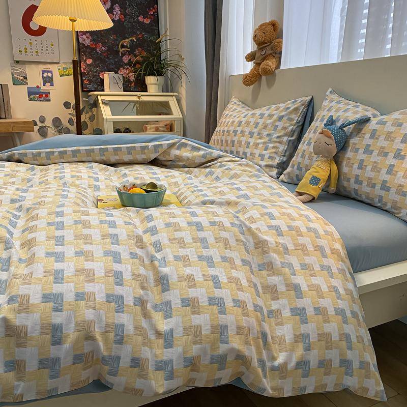 K15床上四件套纯棉全棉春夏水洗棉被套床笠棋盘格子床单人宿舍三