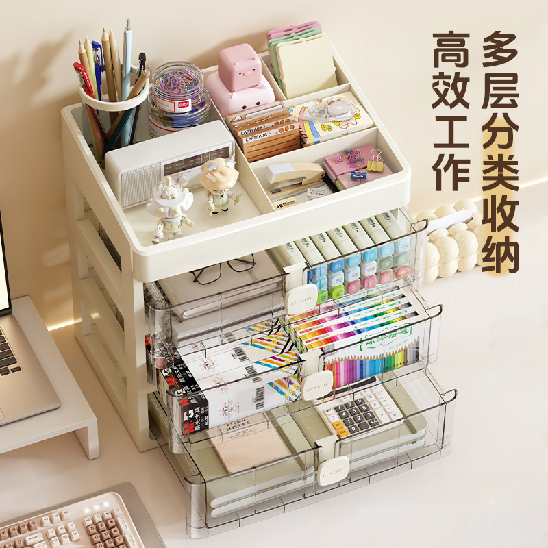 桌面收纳盒抽屉式办公室书桌上文具化妆品储物箱整理多层置物架柜