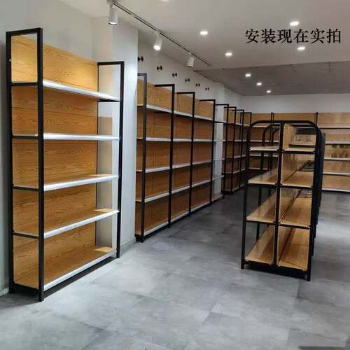 超市展示架多功能四柱木纹置物架便利商超单面双面多层母婴店货架