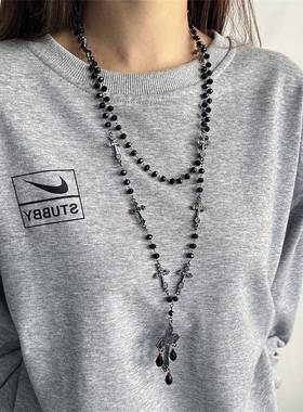 哥特风黑色十字架串珠项链女长款毛衣链小众设计感高级卫衣链配饰