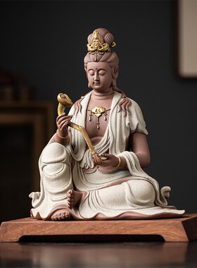 炼器新中式禅意文殊普贤菩萨摆件家用客厅玄关陶瓷观音工艺品装饰