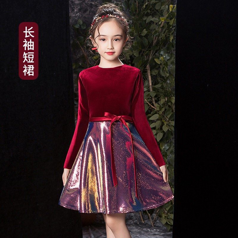 女大童胖mm大码礼服公主裙红色洋气走秀生日宴会公主裙钢琴演奏服