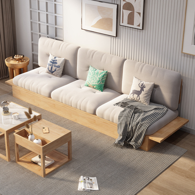北欧日式原木风沙发客厅简约储物榻榻米小户型侘寂风实木地台沙发