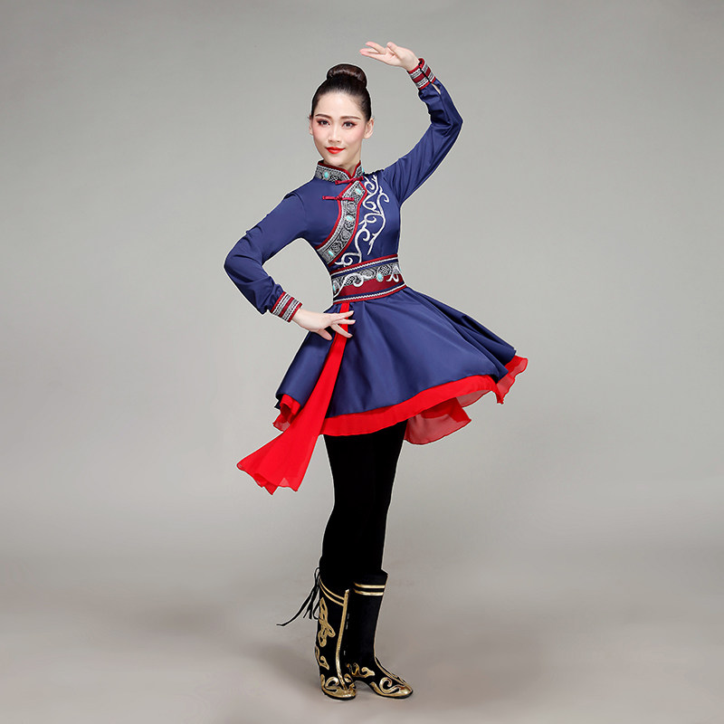 蒙古舞蹈服少数民族筷子舞服艺考剧目服成人短款连衣裙演出服飘逸