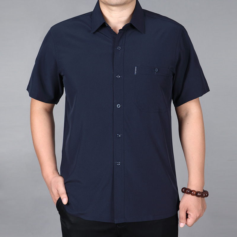 中老年人夏装男士加肥加大码短袖胖爸爸宽松白衬衫爷爷老人衬衣服