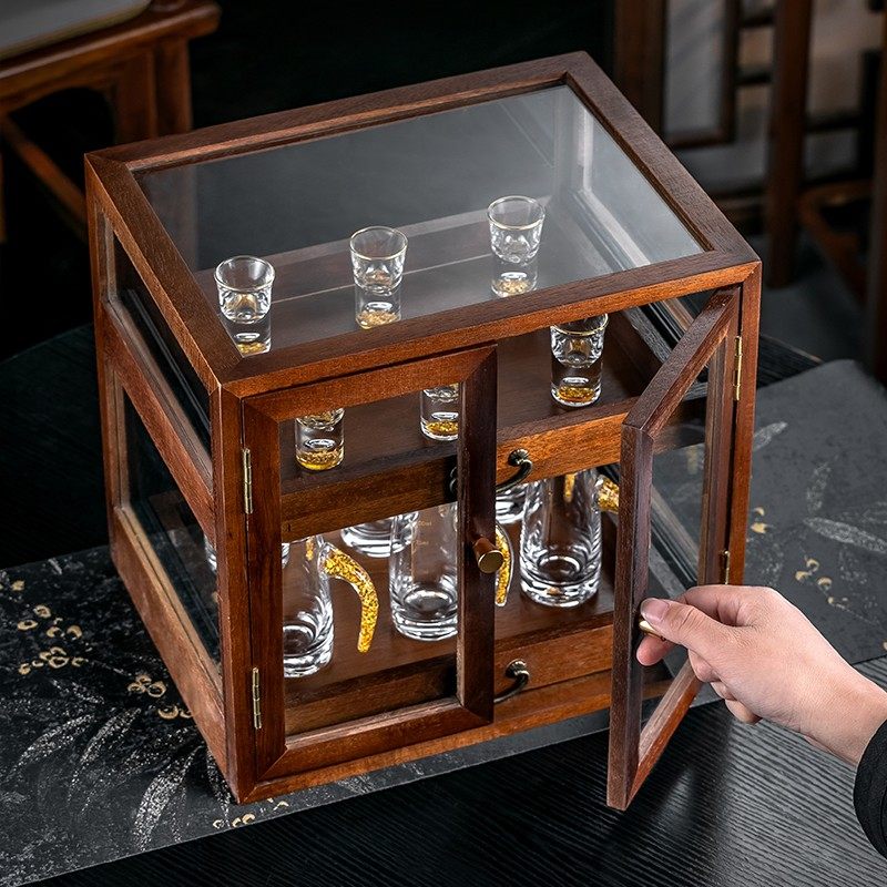 高档家用金箔白酒杯套装分酒器双层玻璃实木木盒收纳酒柜一口杯