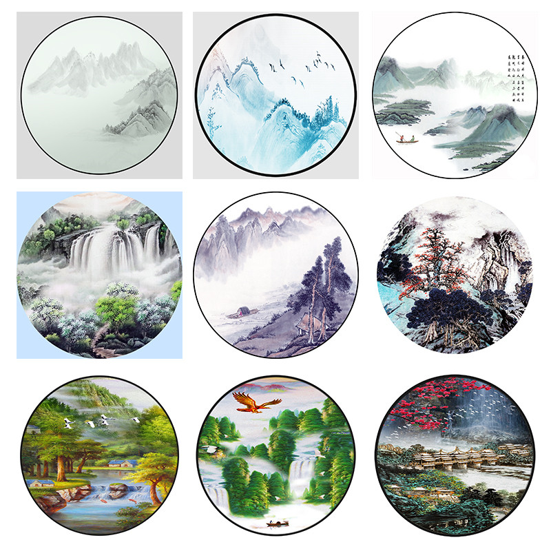 圆形水墨山水画新中式挂画瀑布聚宝盆喷绘壁画客厅沙发书房背景墙,家居饰品,现代装饰画,淘宝优惠券,粉丝福利购,淘宝优惠卷