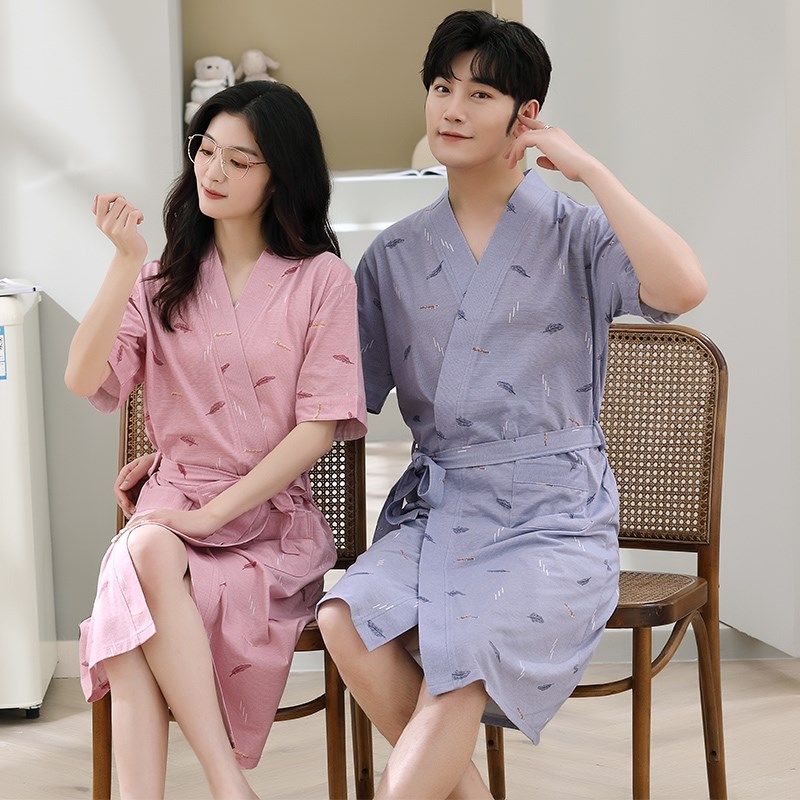 男士睡袍夏季情侣浴袍女夏纯棉短袖男薄款夏天长款和服睡衣女浴衣