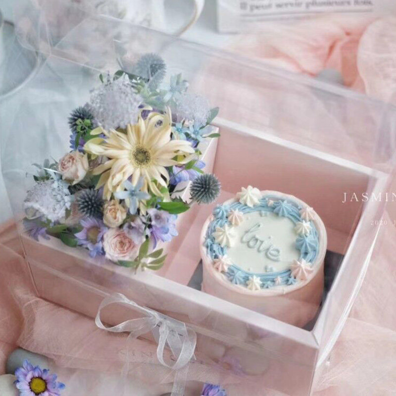 鲜花蛋糕礼盒七夕手提花盒鲜花手提袋透明水果花束礼盒玫瑰包装盒