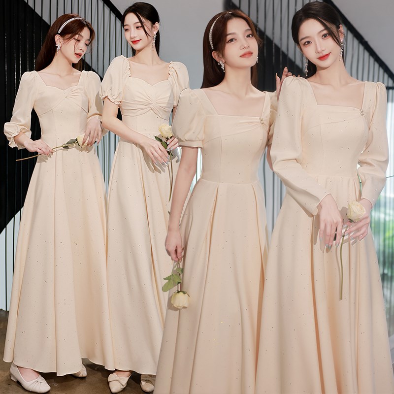 香槟色伴娘服2024新款秋冬季长袖姐妹团礼服裙女简约大气平时可穿