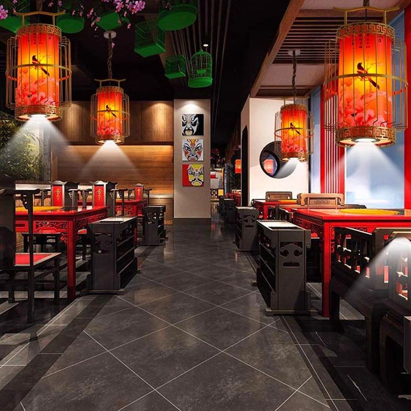新中式铁艺吊灯火锅店餐厅饭店包厢酒店餐饮带射灯古典风复古灯笼