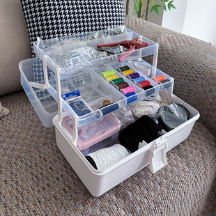 家用针线收纳盒大容量多层带盖整理盒缝纫工具收纳箱透明空盒手提
