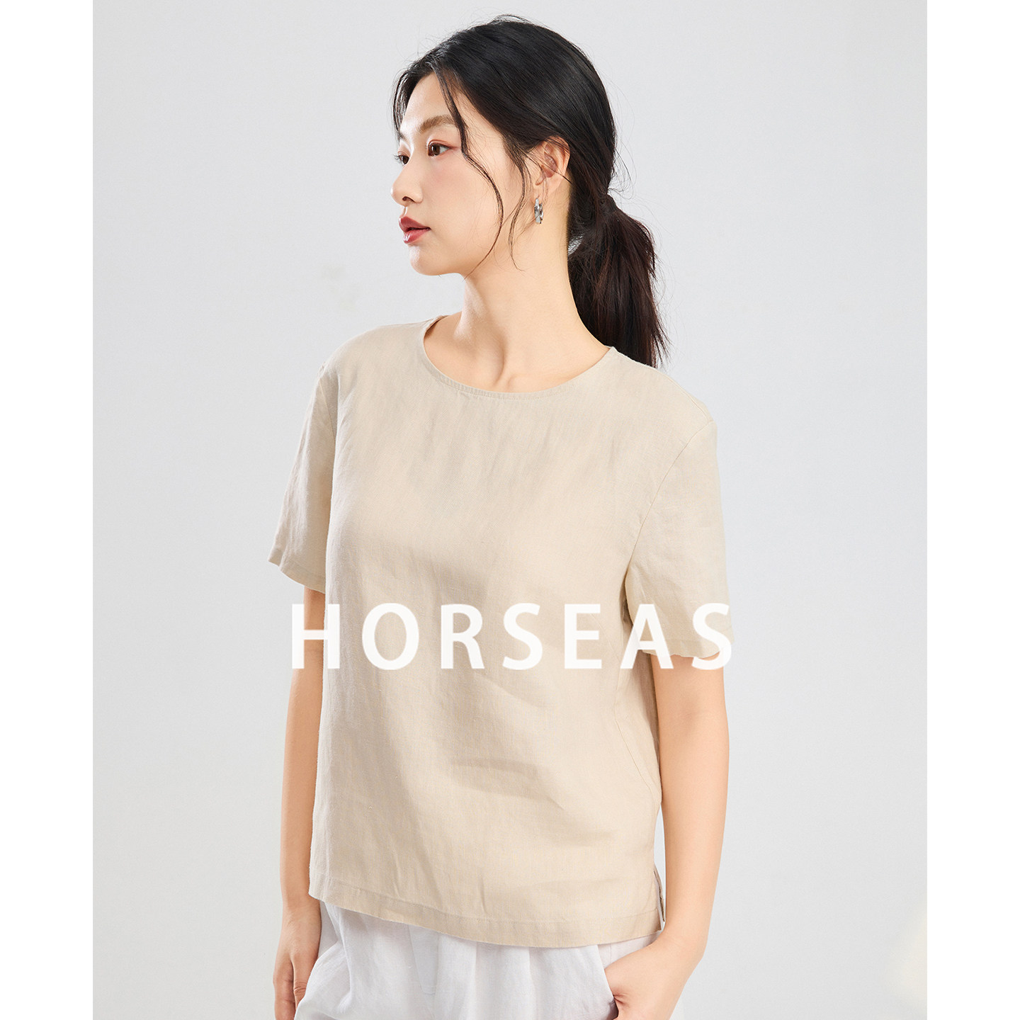 海边的马/HORSEAS 汉麻圆领短袖T恤衫白色气质正肩上衣女款内搭