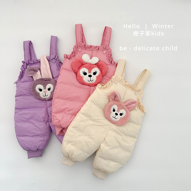 女宝宝可爱粉色卡通夹棉加厚背带裤E秋冬季儿童婴幼儿保暖外出棉