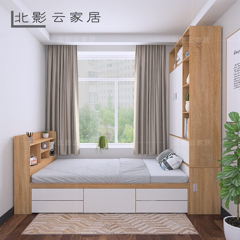 榻榻米床现代简约k定制多功能高箱储物收纳整体书柜衣柜一体小户