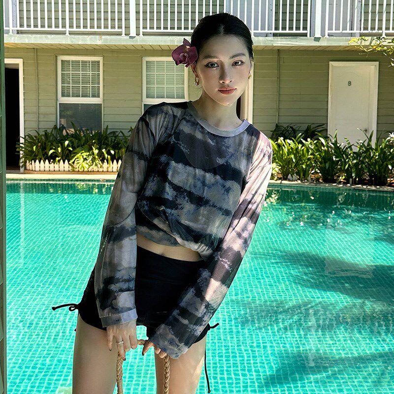 分体式泳衣海边度假三件套t扎染长袖T恤大码微胖遮肉显瘦宽松外衫