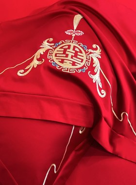 160支长绒棉结婚四件t套陪嫁被套红色全棉床单新婚庆床品8