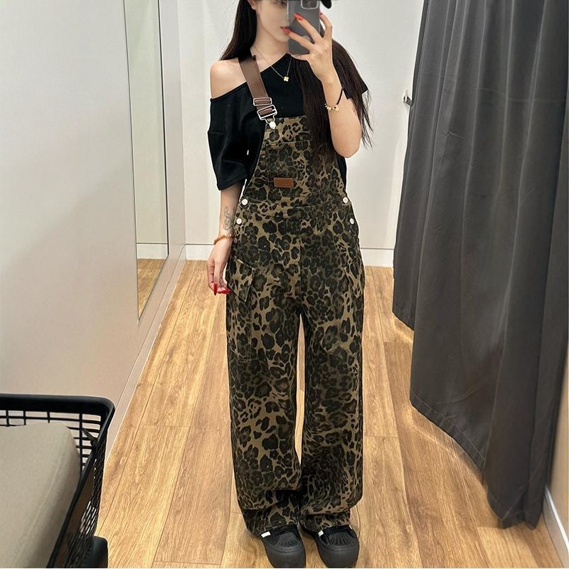 多口袋豹纹牛仔阔腿背带裤女u2025春季新款设计感工装阔腿连体长