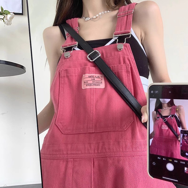 树莓粉色牛仔背带裤女q夏季网红减龄宽松显瘦休闲直筒阔腿连体长