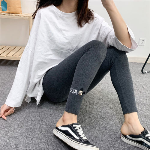 韩版insc爆款卡通刺绣细螺纹内搭裤女 棉质弹力外穿小脚九分裤