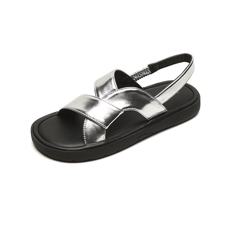 厚底银色凉鞋女2024新款夏季平底露趾交叉一字扣P凉拖鞋大码41到4,女鞋,罗马凉鞋,淘宝优惠券,粉丝福利购,淘宝优惠卷