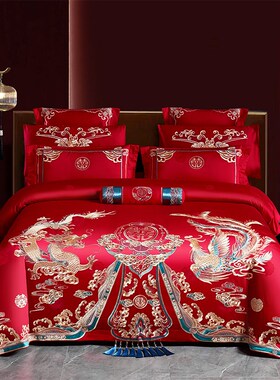 120支长绒棉婚庆四件套全y棉刺绣大红色婚房龙凤结婚床上用品4