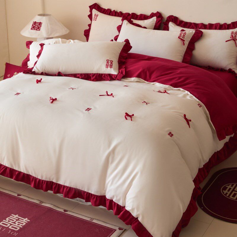 A类浪漫法式花边婚o庆四件套喜刺绣全棉结婚被套婚嫁床上用品4,床上用品,婚庆床品套件,淘宝优惠券,粉丝福利购,淘宝优惠卷