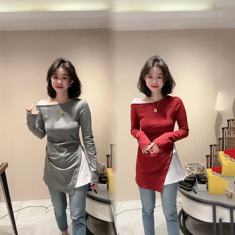 欧货气质撞色假两件T恤女2025春季洋I气设计感不规则中长款打底衫