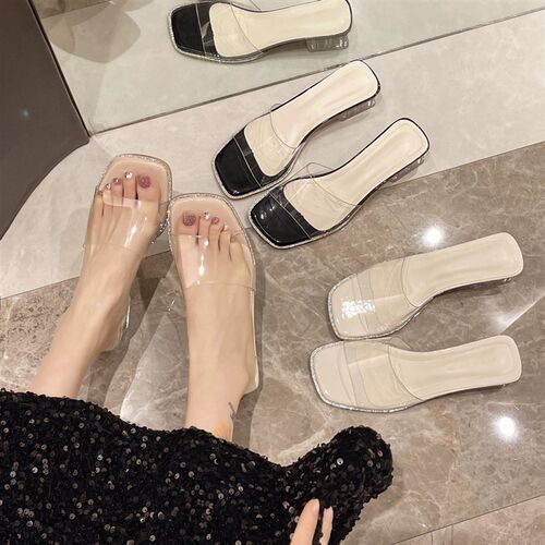 水晶拖鞋女夏外穿时尚仙女法式透明高F跟鞋粗跟凉鞋中跟高级感凉