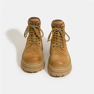 8CM镂空内增高马丁靴女款2025夏季新款登山鞋厚底大X黄靴透气短靴